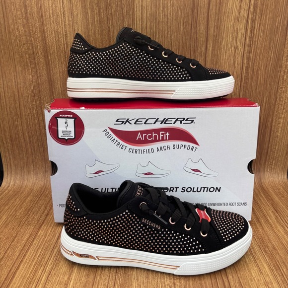 Skechers Shoes - Skechers Arch Fit Sneakers Womens 6.5 Black Rose Gold New Rhinestone 177221 NEW
